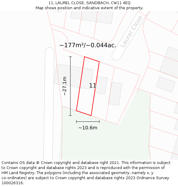 11, LAUREL CLOSE, SANDBACH, CW11 4EQ: Plot and title map