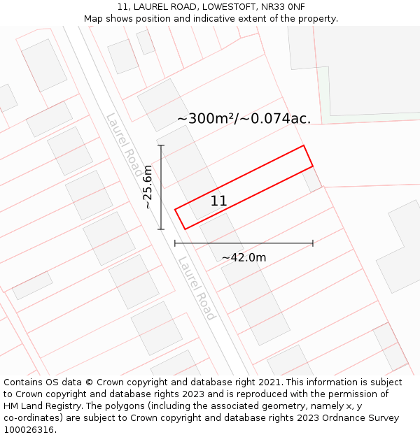 11, LAUREL ROAD, LOWESTOFT, NR33 0NF: Plot and title map