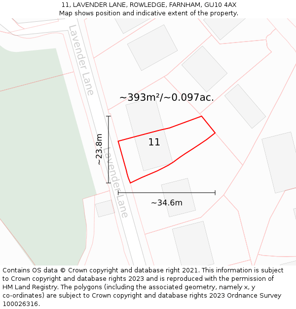 11, LAVENDER LANE, ROWLEDGE, FARNHAM, GU10 4AX: Plot and title map