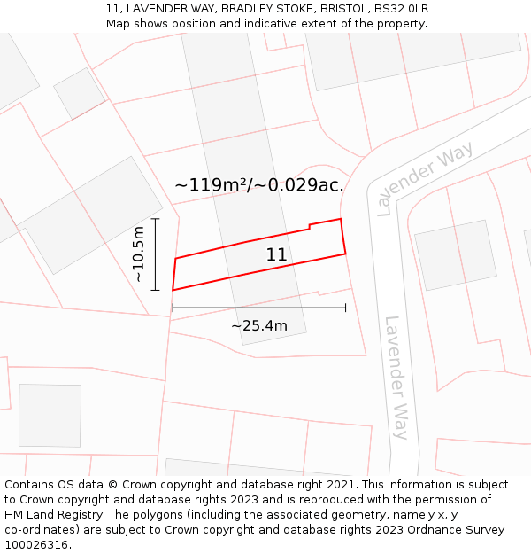 11, LAVENDER WAY, BRADLEY STOKE, BRISTOL, BS32 0LR: Plot and title map