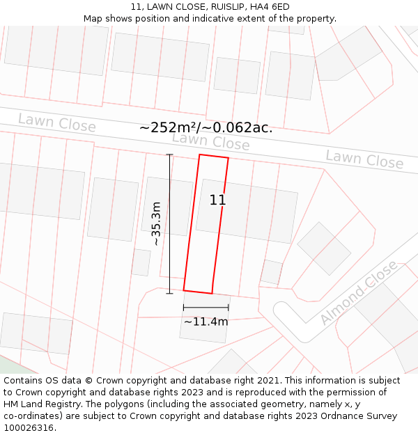 11, LAWN CLOSE, RUISLIP, HA4 6ED: Plot and title map