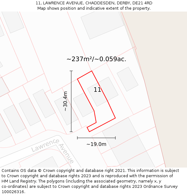 11, LAWRENCE AVENUE, CHADDESDEN, DERBY, DE21 4RD: Plot and title map