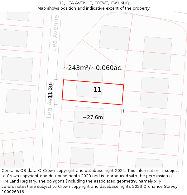 11, LEA AVENUE, CREWE, CW1 6HQ: Plot and title map