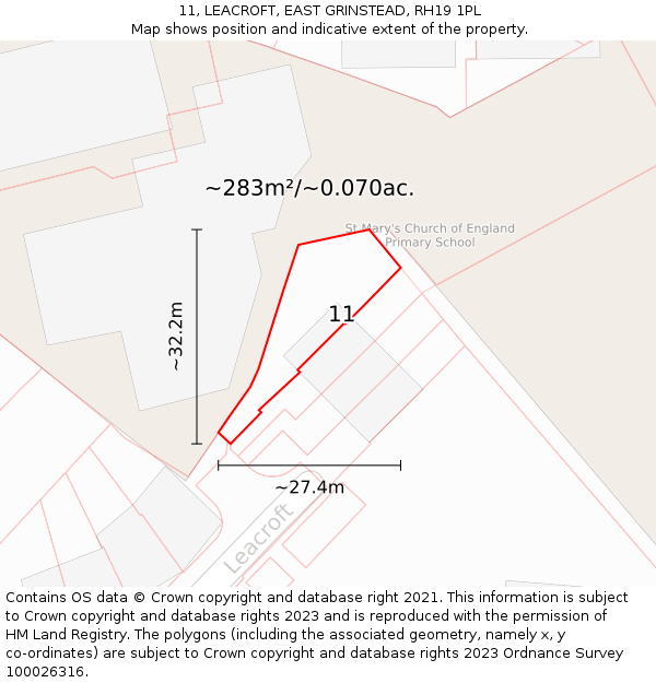 11, LEACROFT, EAST GRINSTEAD, RH19 1PL: Plot and title map