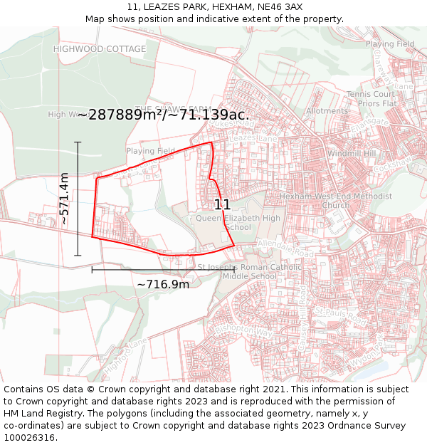 11, LEAZES PARK, HEXHAM, NE46 3AX: Plot and title map