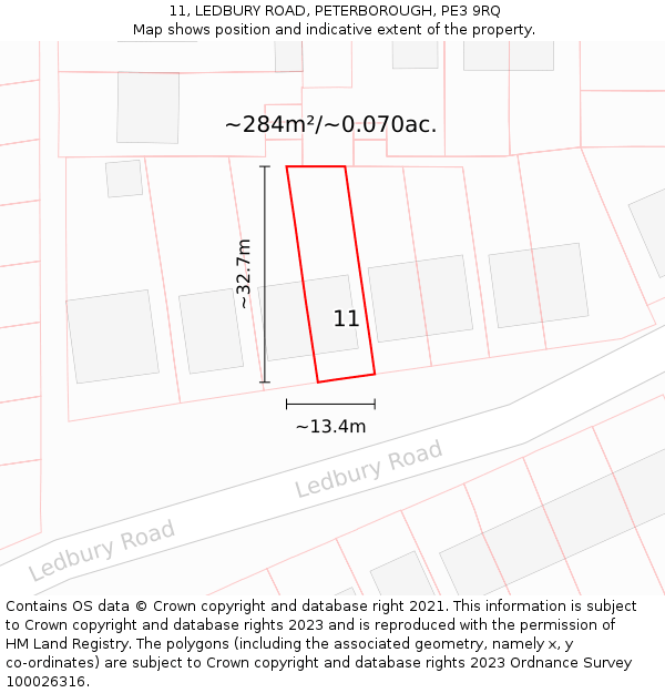 11, LEDBURY ROAD, PETERBOROUGH, PE3 9RQ: Plot and title map
