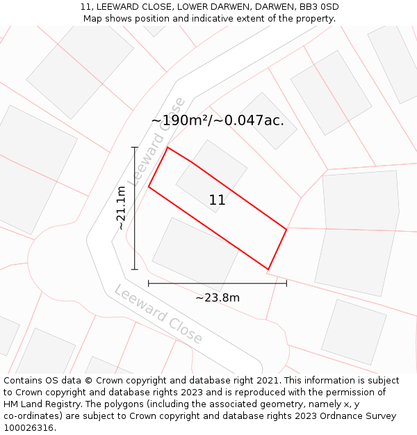 11, LEEWARD CLOSE, LOWER DARWEN, DARWEN, BB3 0SD: Plot and title map
