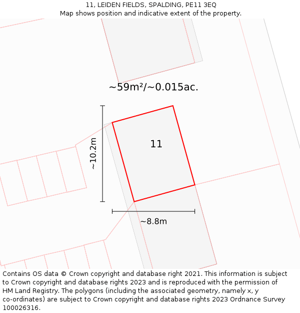 11, LEIDEN FIELDS, SPALDING, PE11 3EQ: Plot and title map