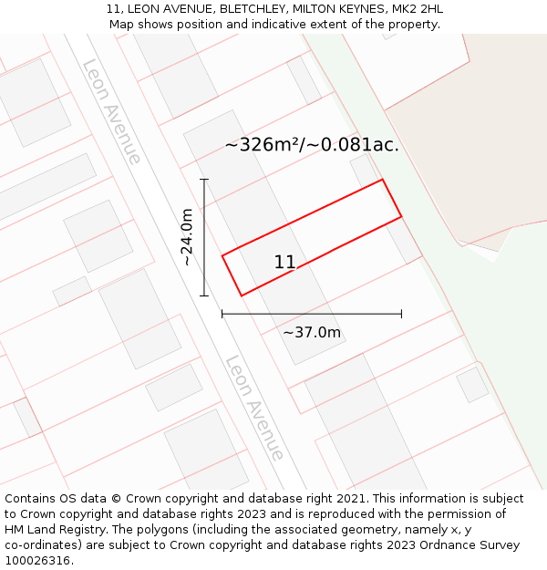 11, LEON AVENUE, BLETCHLEY, MILTON KEYNES, MK2 2HL: Plot and title map