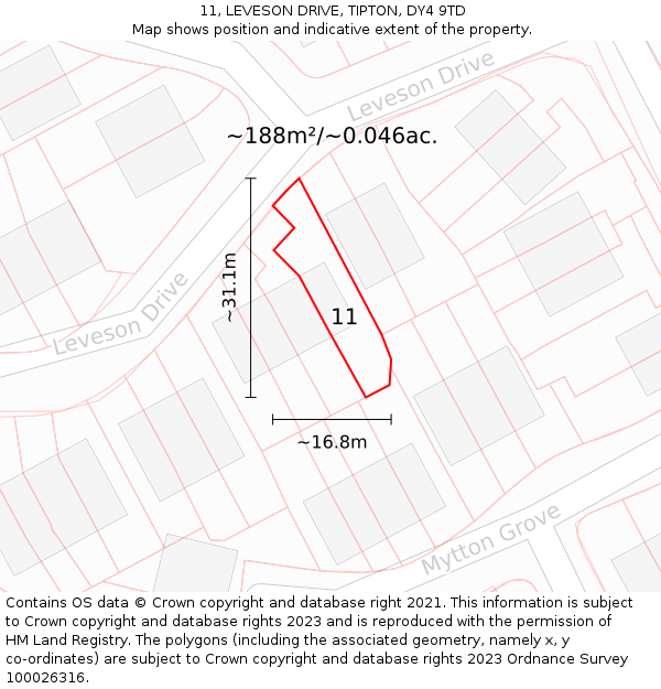 11, LEVESON DRIVE, TIPTON, DY4 9TD: Plot and title map