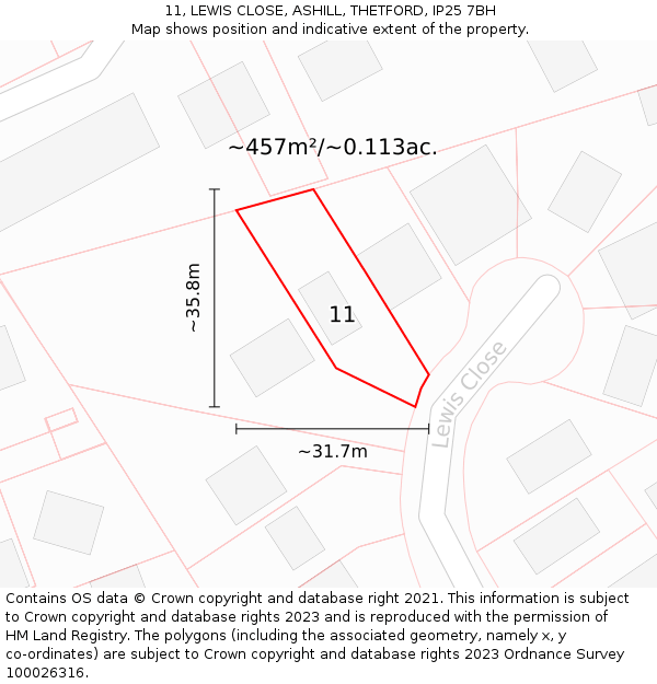 11, LEWIS CLOSE, ASHILL, THETFORD, IP25 7BH: Plot and title map