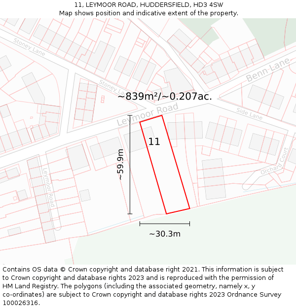 11, LEYMOOR ROAD, HUDDERSFIELD, HD3 4SW: Plot and title map