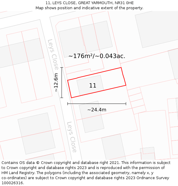 11, LEYS CLOSE, GREAT YARMOUTH, NR31 0HE: Plot and title map