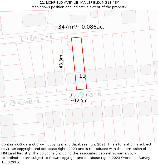 11, LICHFIELD AVENUE, MANSFIELD, NG18 4SY: Plot and title map