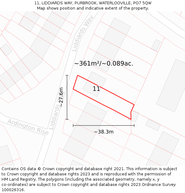 11, LIDDIARDS WAY, PURBROOK, WATERLOOVILLE, PO7 5QW: Plot and title map