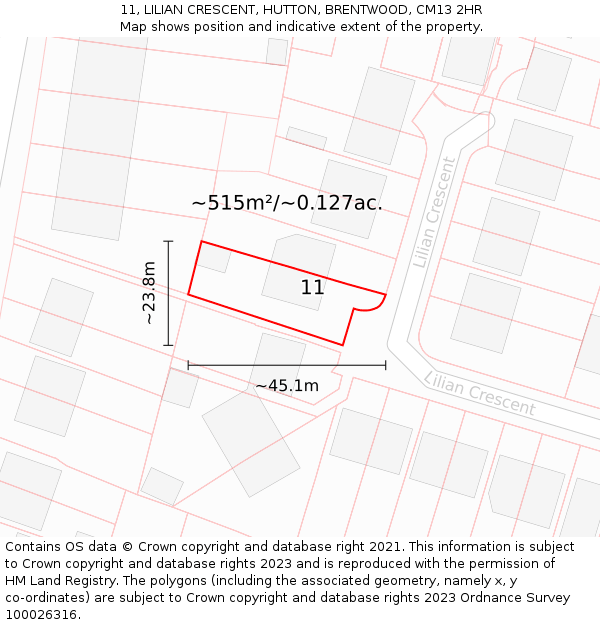 11, LILIAN CRESCENT, HUTTON, BRENTWOOD, CM13 2HR: Plot and title map