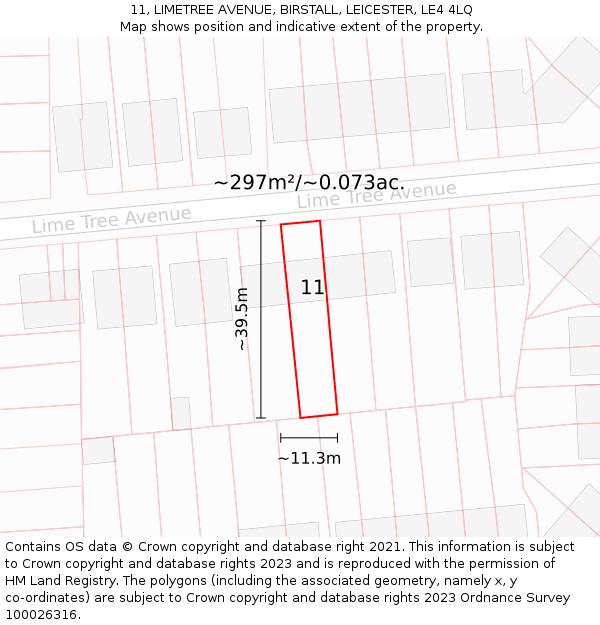 11, LIMETREE AVENUE, BIRSTALL, LEICESTER, LE4 4LQ: Plot and title map