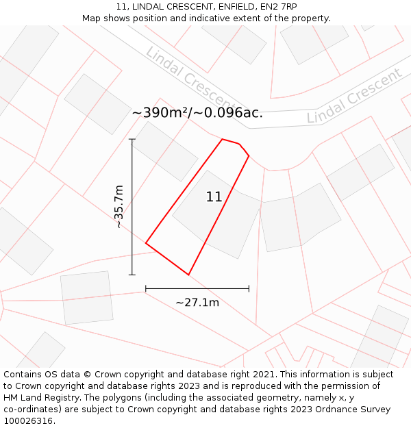 11, LINDAL CRESCENT, ENFIELD, EN2 7RP: Plot and title map