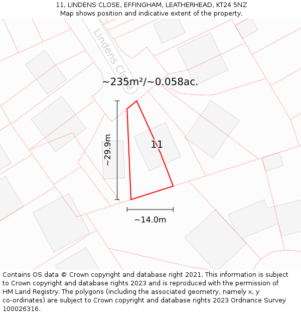 11, LINDENS CLOSE, EFFINGHAM, LEATHERHEAD, KT24 5NZ: Plot and title map