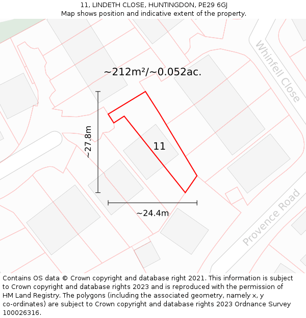 11, LINDETH CLOSE, HUNTINGDON, PE29 6GJ: Plot and title map