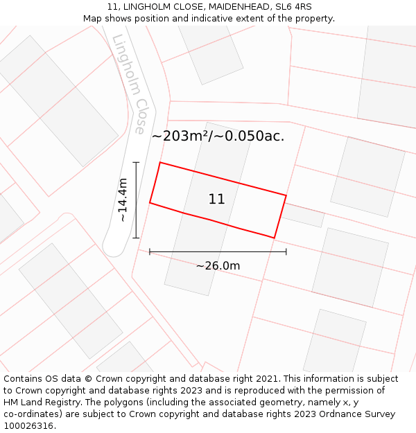 11, LINGHOLM CLOSE, MAIDENHEAD, SL6 4RS: Plot and title map