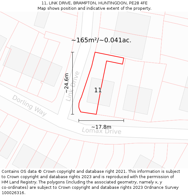 11, LINK DRIVE, BRAMPTON, HUNTINGDON, PE28 4FE: Plot and title map