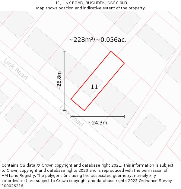 11, LINK ROAD, RUSHDEN, NN10 9LB: Plot and title map
