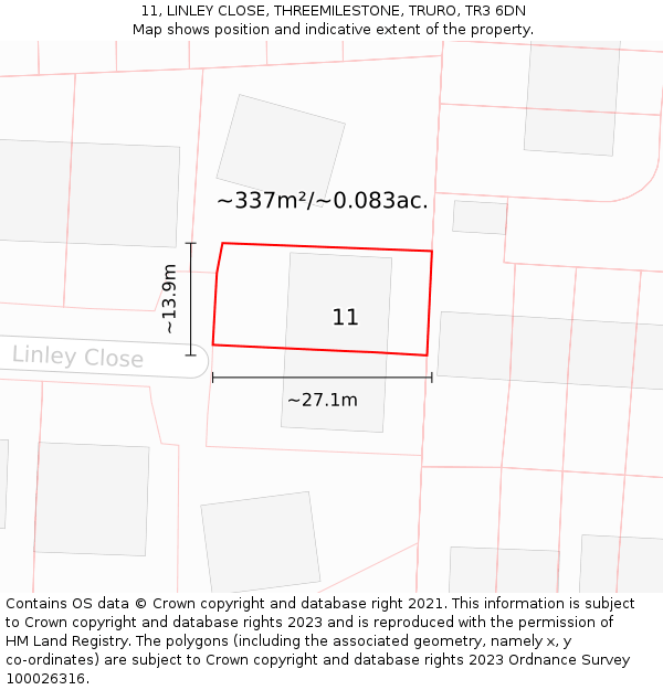11, LINLEY CLOSE, THREEMILESTONE, TRURO, TR3 6DN: Plot and title map