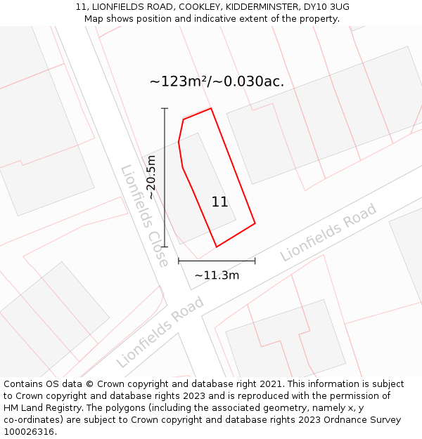 11, LIONFIELDS ROAD, COOKLEY, KIDDERMINSTER, DY10 3UG: Plot and title map