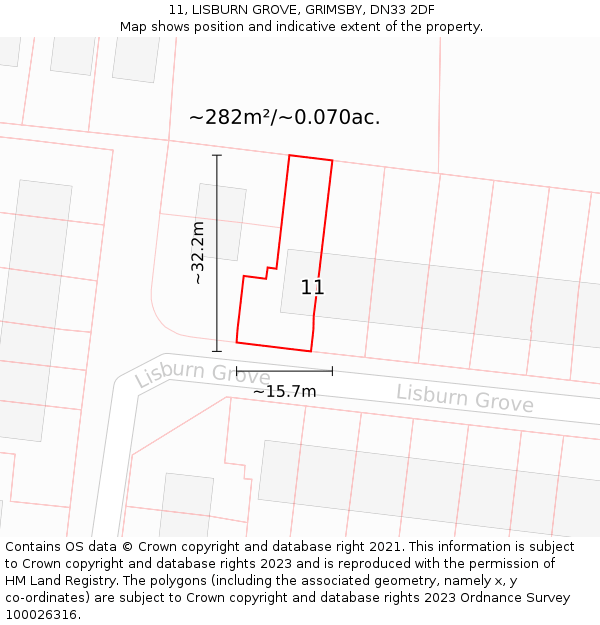 11, LISBURN GROVE, GRIMSBY, DN33 2DF: Plot and title map