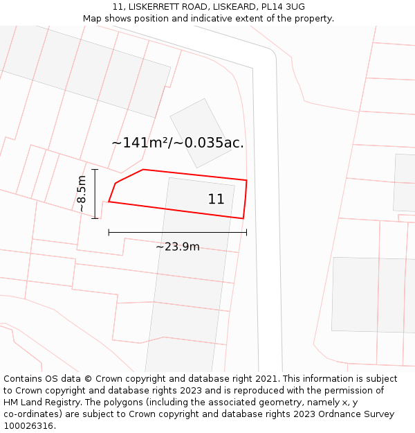 11, LISKERRETT ROAD, LISKEARD, PL14 3UG: Plot and title map