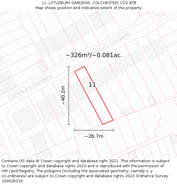 11, LITTLEBURY GARDENS, COLCHESTER, CO2 8TB: Plot and title map