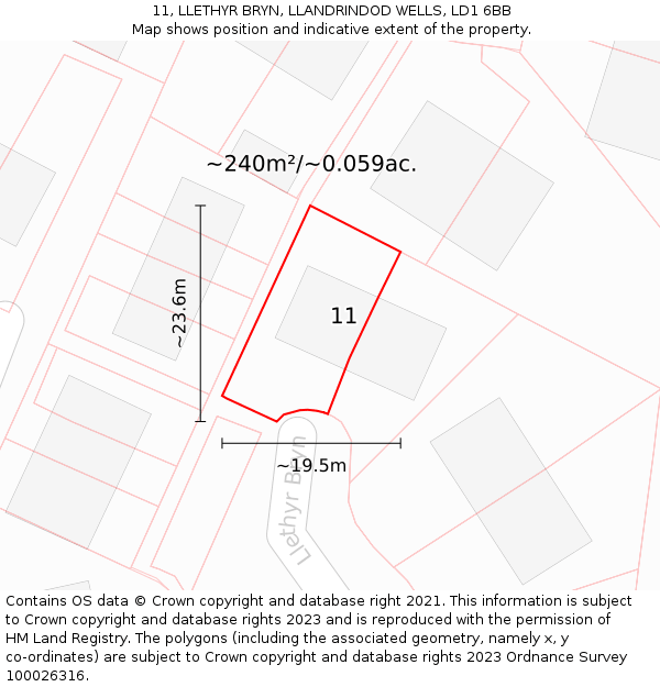 11, LLETHYR BRYN, LLANDRINDOD WELLS, LD1 6BB: Plot and title map