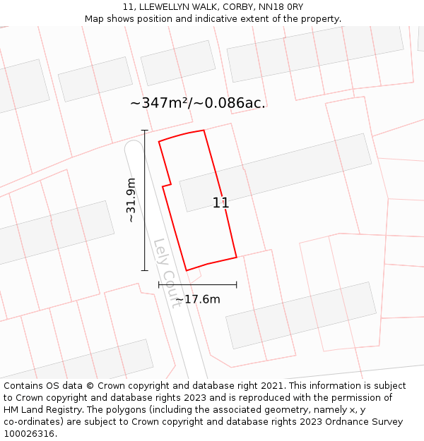 11, LLEWELLYN WALK, CORBY, NN18 0RY: Plot and title map