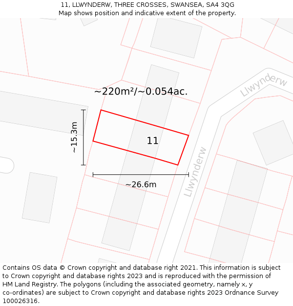11, LLWYNDERW, THREE CROSSES, SWANSEA, SA4 3QG: Plot and title map