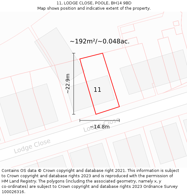 11, LODGE CLOSE, POOLE, BH14 9BD: Plot and title map