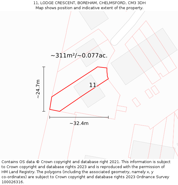 11, LODGE CRESCENT, BOREHAM, CHELMSFORD, CM3 3DH: Plot and title map