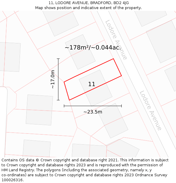 11, LODORE AVENUE, BRADFORD, BD2 4JG: Plot and title map