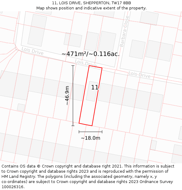 11, LOIS DRIVE, SHEPPERTON, TW17 8BB: Plot and title map
