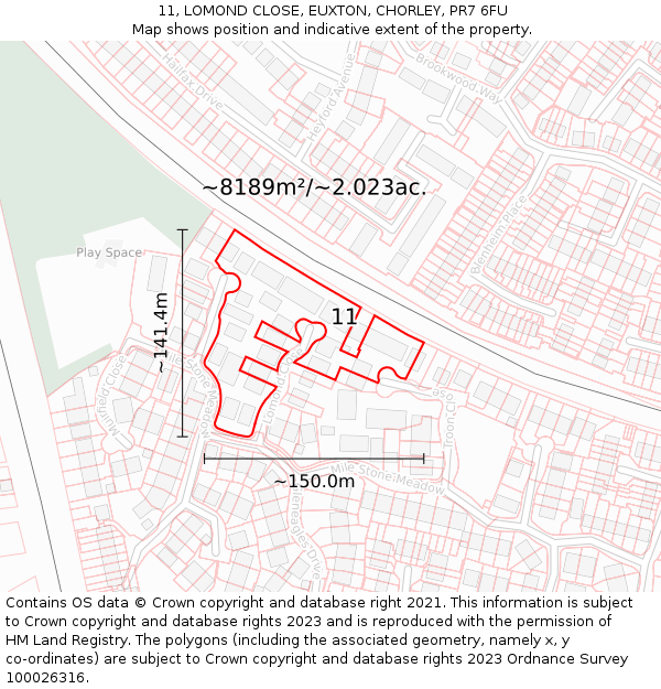 11, LOMOND CLOSE, EUXTON, CHORLEY, PR7 6FU: Plot and title map