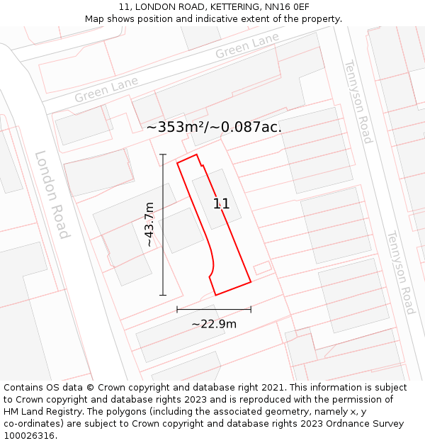 11, LONDON ROAD, KETTERING, NN16 0EF: Plot and title map