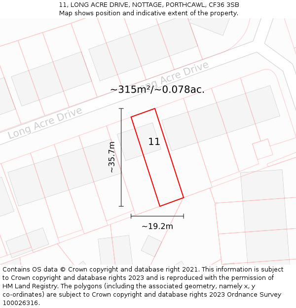 11, LONG ACRE DRIVE, NOTTAGE, PORTHCAWL, CF36 3SB: Plot and title map
