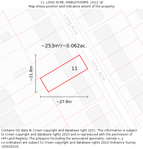 11, LONG ACRE, MABLETHORPE, LN12 1JF: Plot and title map