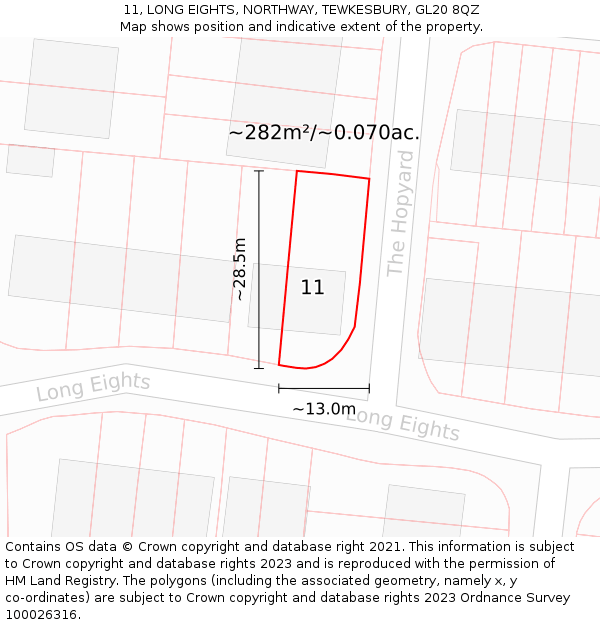 11, LONG EIGHTS, NORTHWAY, TEWKESBURY, GL20 8QZ: Plot and title map