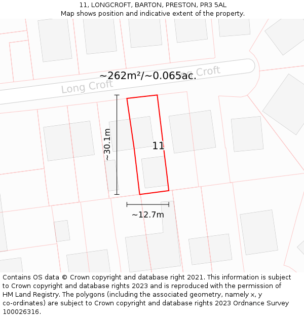 11, LONGCROFT, BARTON, PRESTON, PR3 5AL: Plot and title map