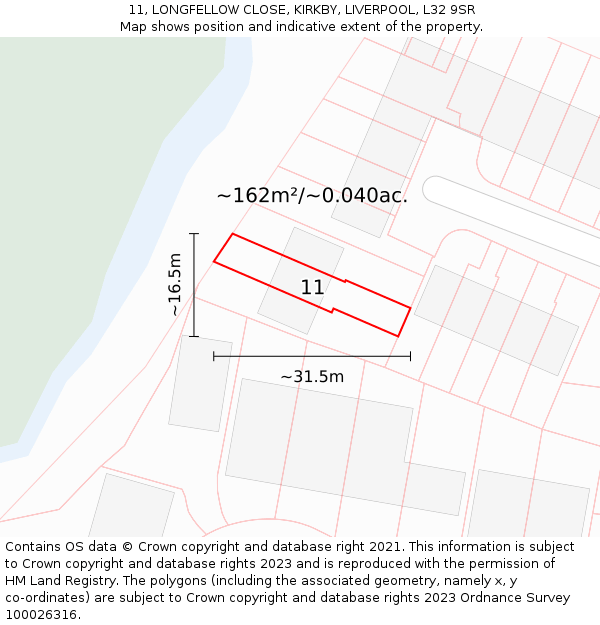 11, LONGFELLOW CLOSE, KIRKBY, LIVERPOOL, L32 9SR: Plot and title map