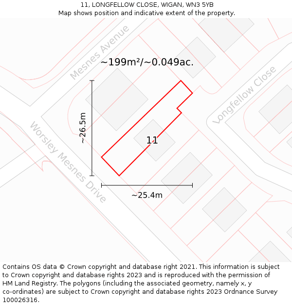 11, LONGFELLOW CLOSE, WIGAN, WN3 5YB: Plot and title map