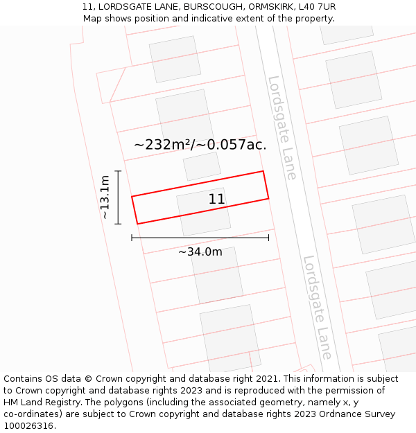 11, LORDSGATE LANE, BURSCOUGH, ORMSKIRK, L40 7UR: Plot and title map