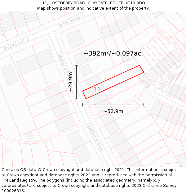 11, LOSEBERRY ROAD, CLAYGATE, ESHER, KT10 9DQ: Plot and title map