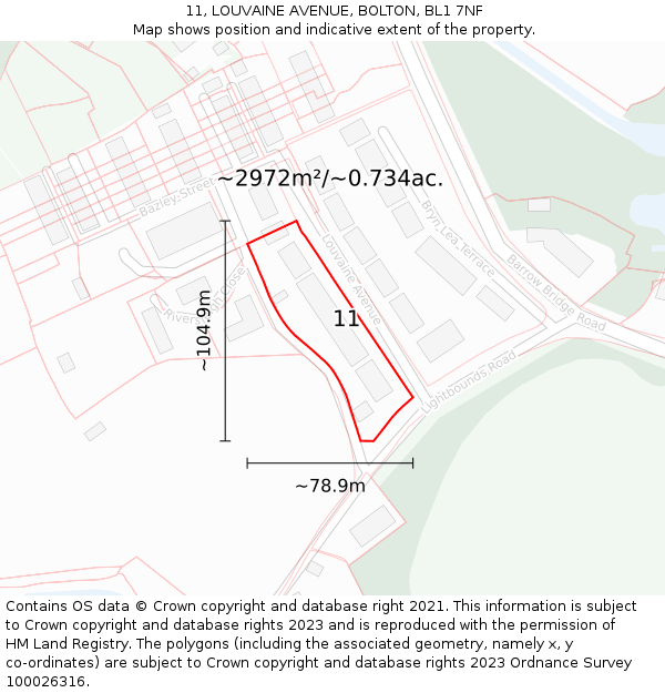 11, LOUVAINE AVENUE, BOLTON, BL1 7NF: Plot and title map